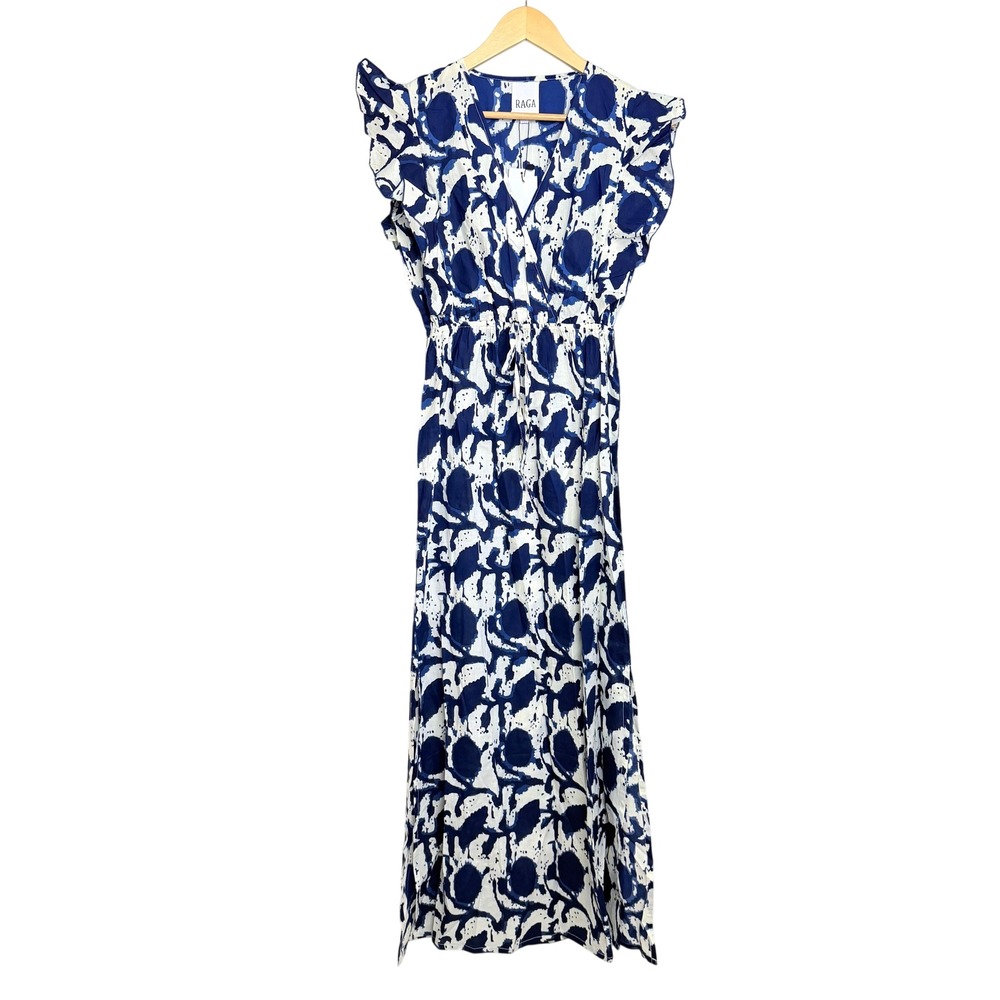 NWOT Raga Chaina Maxi Dress Blue White Abstract Print Flutter Sleeve S